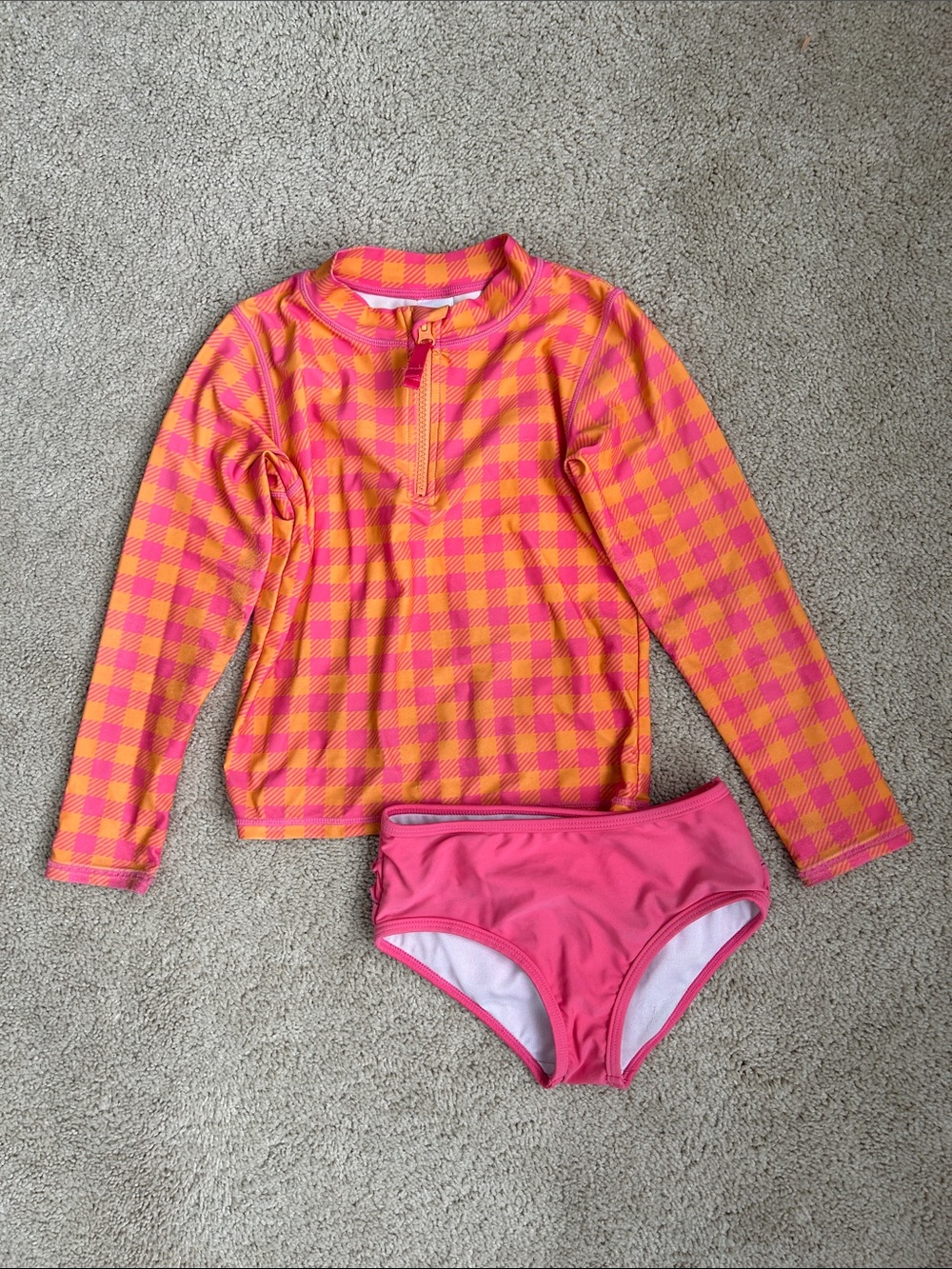 Ruffle Butts Kids Pink and Orange Check Rash Guard Set, 6